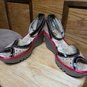 FLY LONDON Ydel Perforated Wedge Sandals Patent